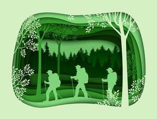 Forest wilderness landscape. People with backpacks silhouettes. Abstract 3D background. Paper cut shapes. Template for your design works.