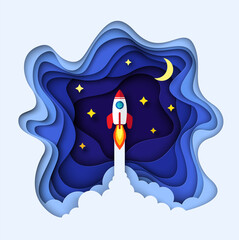 Abstract 3D background. Rocket launch. Start up symbol.  Paper cut shapes. Template for your design works.