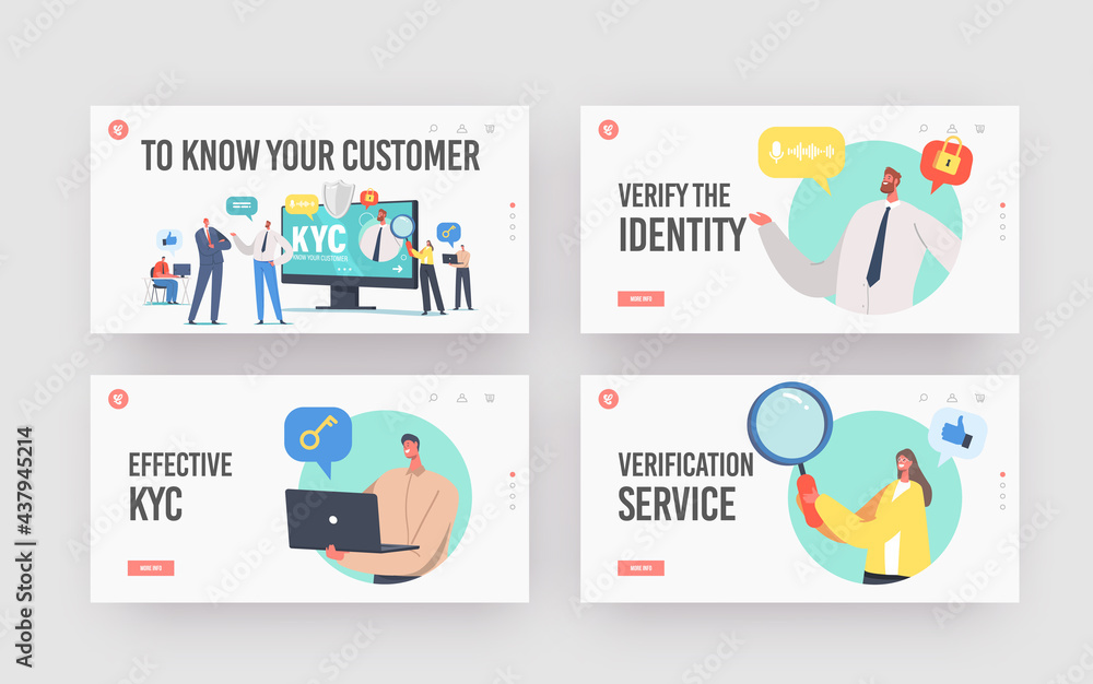 Poster know your customer landing page template set. business verifying of clients identity and assessing t