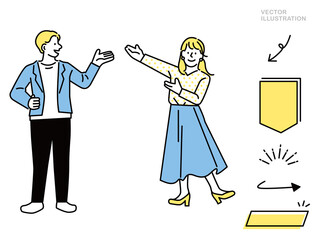 ポイント、注目、発表を表す男女のイラスト(ビジネス、クリック、チェック、アイデア、おすすめ、仕事) Illustrations of men & women representing points, attention, and presentations (business, clicks, checks, ideas, discoveries)