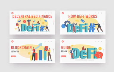 Decentralized Finance Landing Page Template Set. Tiny Businesspeople Characters with Calculator, Hashtag, Piggy Bank