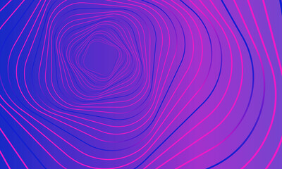 Abstract geometric banner. Swirling purple lines on gradient pink background. Whirl square, wave stripes, rotation movement, neon image. Futuristic twist grid backdrop. Vector optical art illustration