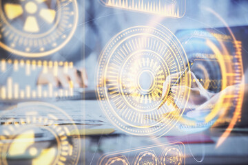 Double exposure of woman hands typing on computer and technology theme drawing. High Tech concept.