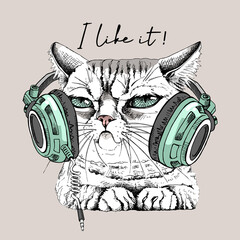 Portrait of the funny relaxed cat in the headphones. Humor card, t-shirt composition, meme, hand drawn style print. Vector illustration.