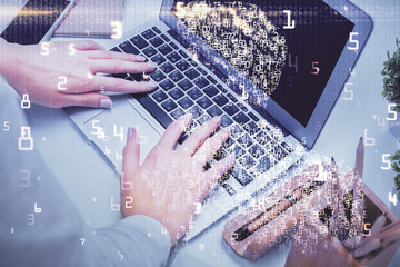 Double exposure of woman hands typing on computer and technology theme drawing. High Tech concept.