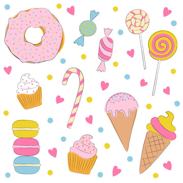 Set isolated sweets on white background. Ice cream, lollipop, donut, macaroon, cupcake and candy. Template for confectionery, candy shop, sweet banner and poster.