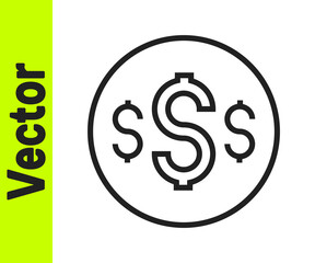 Black line Dollar symbol icon isolated on white background. Cash and money, wealth, payment symbol. Casino gambling. Vector