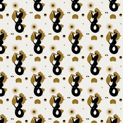 Vector pattern with  hand drawn illustration of triton. Creative artwork with portrait of mermaid with shell. Template for card, poster, banner, print for t-shirt, pin, badge, patch.