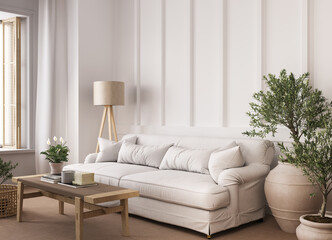 Home interior with Scandinavian decoration style, bright living room and neutral wooden furniture, 3d render