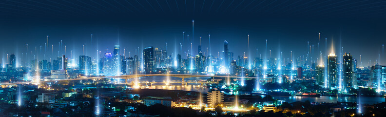 Banner smart city dot point connect with gradient line, connection technology metaverse concept. Bangkok city background at night with big data in Thailand, Panorama view.