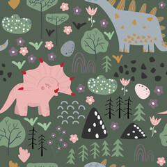 Childish seamless pattern with hand drawn dino in scandinavian style.