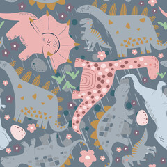 Childish seamless pattern with hand drawn dino in scandinavian style.