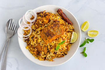 One Pot Fish Biryani in a Bowl on White Background, Indian Food Photography