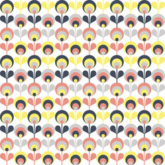 Seamless pattern with retro style flowers decoration in yellow, pink, navy blue and grey colors on white background