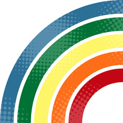 Fototapeta premium Colorful (red, orange, yellow, green and blue) retro stripes illustration with halftone decoration on white background