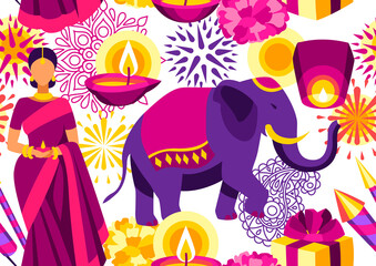 Happy Diwali seamless pattern. Deepavali or dipavali festival of lights.