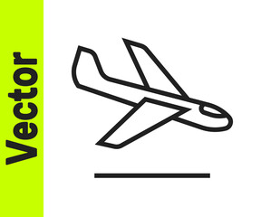 Black line Plane landing icon isolated on white background. Airplane transport symbol. Vector