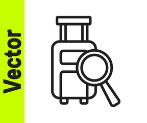 Black line Airline service of finding lost baggage icon isolated on white background. Search luggage. Vector