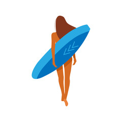 Surfer girl. Surfing girl carries a surfboard. Summer beach seamless pattern in vector.