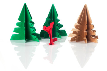 origami paper cat and trees over a white background.