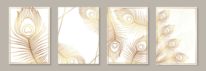 Modern luxury card template for wedding or business or presentation or birthday greeting with golden peacock feathers on a white background.