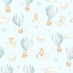 Crédence de cuisine en verre imprimé Montgolfière Hot air balloon  watercolor woodland animals  seamless pattern illustration