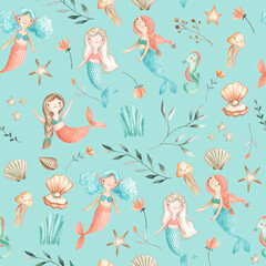 Mermaids watercolor children seamless pattern illustration