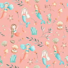Mermaids watercolor children seamless pattern illustration 