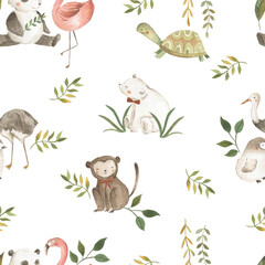 Obraz premium Watercolor Jungle Safari Animals seamless Pattern Illustration 