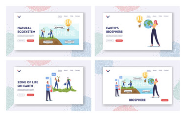 Tiny Characters Presenting Earth Biosphere Infographics. Landing Page Template Set. Atmosphere, Lithosphere, Hydrospehre