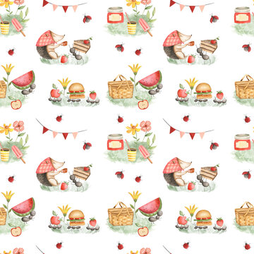 Woodland Animals Picnic Watercolor Pattern 