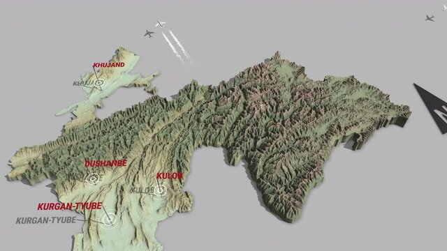 Seamless looping animation of the 3d terrain map of Tajikistan with the capital and the biggest cites in 4K resolution