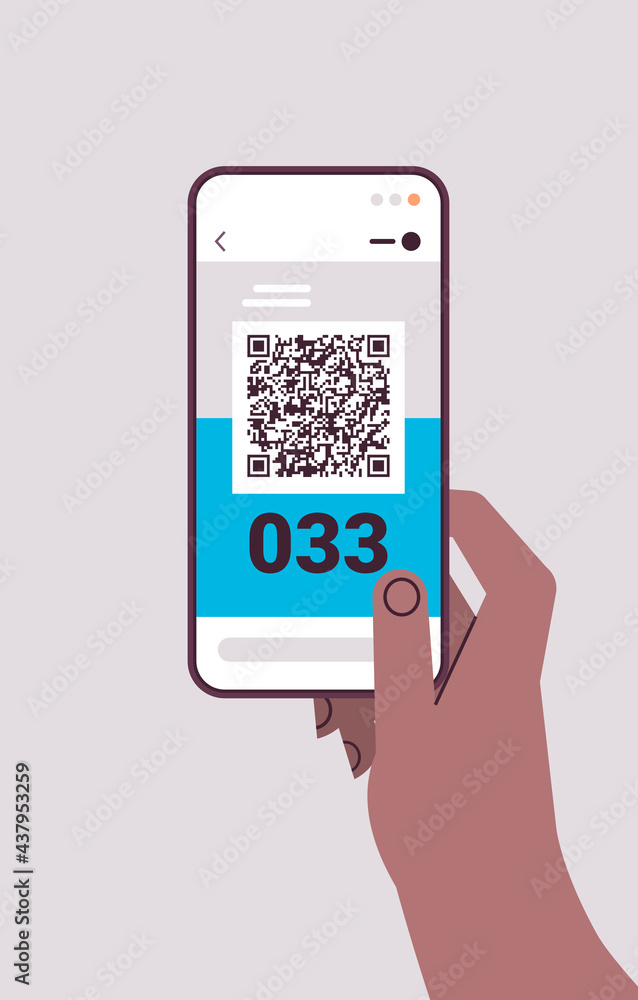 Poster human hand using qr barcode with queue number on smartphone screen electronic queuing system