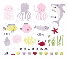 Cute underwater animals, fish, plants clipart set, isolated on white. Hand drawn vector illustration. Sea, ocean elements. Scandinavian style flat design. Concept kids fashion, textile print, poster