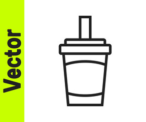 Black line Paper glass with drinking straw and water icon isolated on white background. Soda drink glass. Fresh cold beverage symbol. Vector