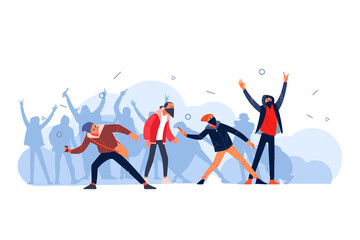 Protesters throws stones toward police during city streets riots. Youth Hooligans protests, fire smoke soot street fighting. Cartoon flat style vector illustration isolated on white background