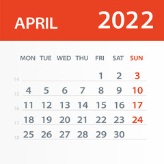 April 2022 Calendar Leaf - Vector Illustration. Week starts on Monday