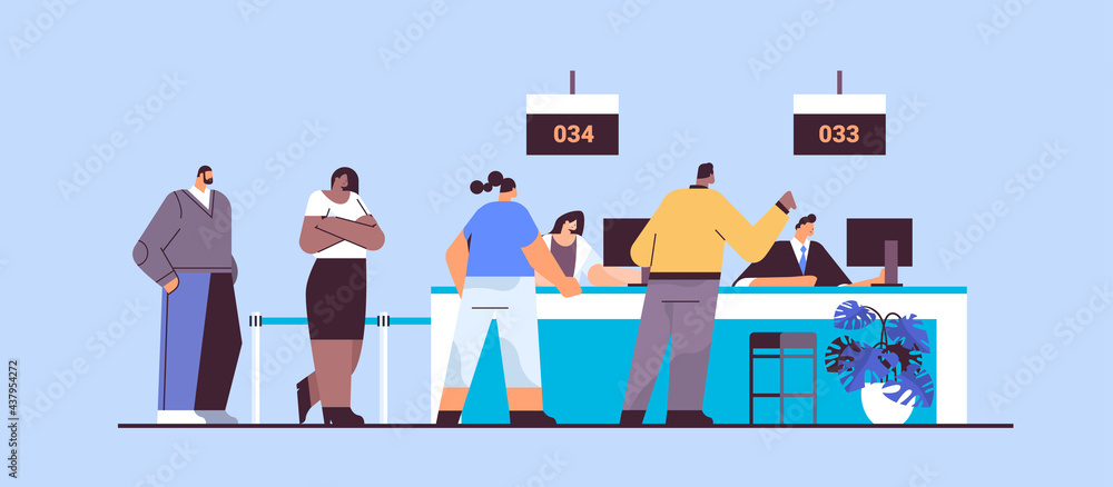 Poster mix race people looking at display number board in waiting room with ticket system electronic queuin