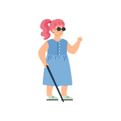 Fototapeta premium Disabled blind girl with walking stick, cartoon vector illustration isolated.