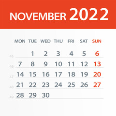 November 2022 Calendar Leaf - Vector Illustration. Week starts on Monday