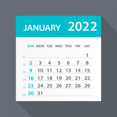 January 2022 Calendar Green Leaf - Vector Illustration