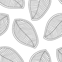 Seamless pattern from striped large leaves. Template for printing on textiles, fabrics, bedding, wrapping paper, decorative pillows. Black-white coloring book. Vector illustration.