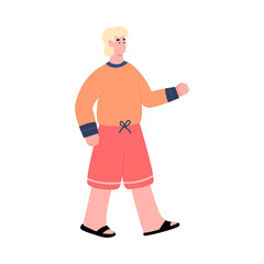 Young man in casual clothes and shorts, cartoon vector illustration isolated.