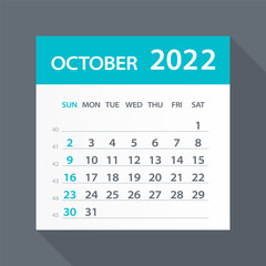 October 2022 Calendar Green Leaf - Vector Illustration