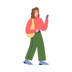 Woman walking and talking on phone, cartoon vector illustration isolated.