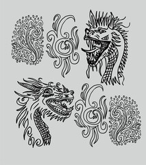 tribal, dragon, tattoo, black, illustration, design, vector, art, decoration, abstract, pattern, symbol, silhouette, isolated, ornament, creative, background, style, sign, fantasy, white, graphic, ani