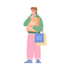 Man happy with his shopping at sale, flat vector illustration isolated.