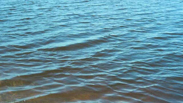 The smoothness of the water in the lake, ripples from the wind. Shades of blue, natural background.
