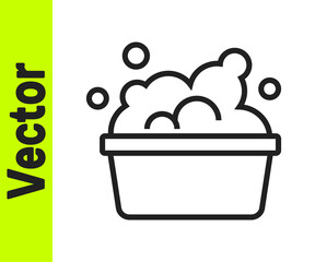 Black line Plastic basin with soap suds icon isolated on white background. Bowl with water. Washing clothes, cleaning equipment. Vector