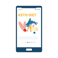 Keto diet onboarding page with cartoon character, flat vector illustration.